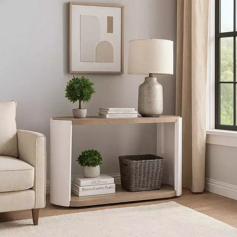 Table console de canapé, bois blanc très brillant, ovale 119 cm, marron