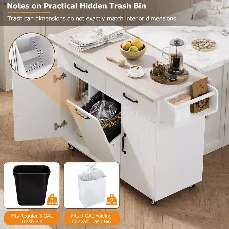 Îlot de cuisine avec meuble de rangement pour poubelle, abattant, étagère à épices, porte-serviettes et tiroir avec étagère réglable, blanc
