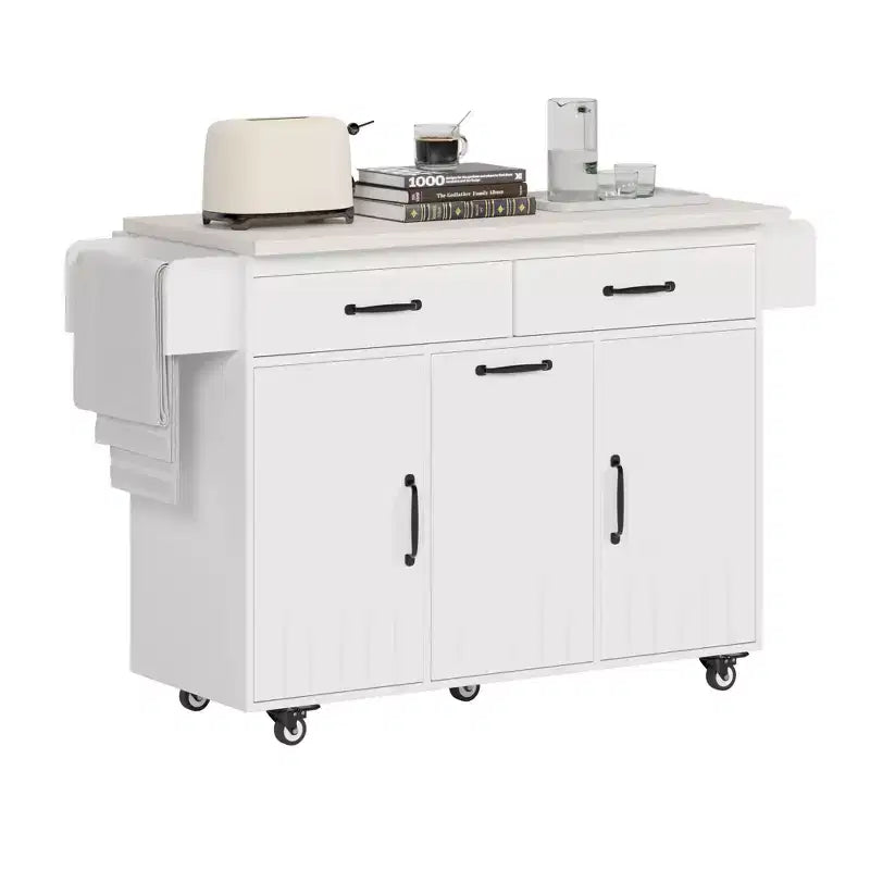 Îlot de cuisine avec meuble de rangement pour poubelle, abattant, étagère à épices, porte-serviettes et tiroir avec étagère réglable, blanc