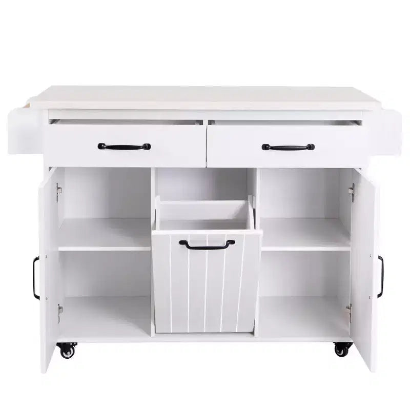 Îlot de cuisine avec meuble de rangement pour poubelle, abattant, étagère à épices, porte-serviettes et tiroir avec étagère réglable, blanc