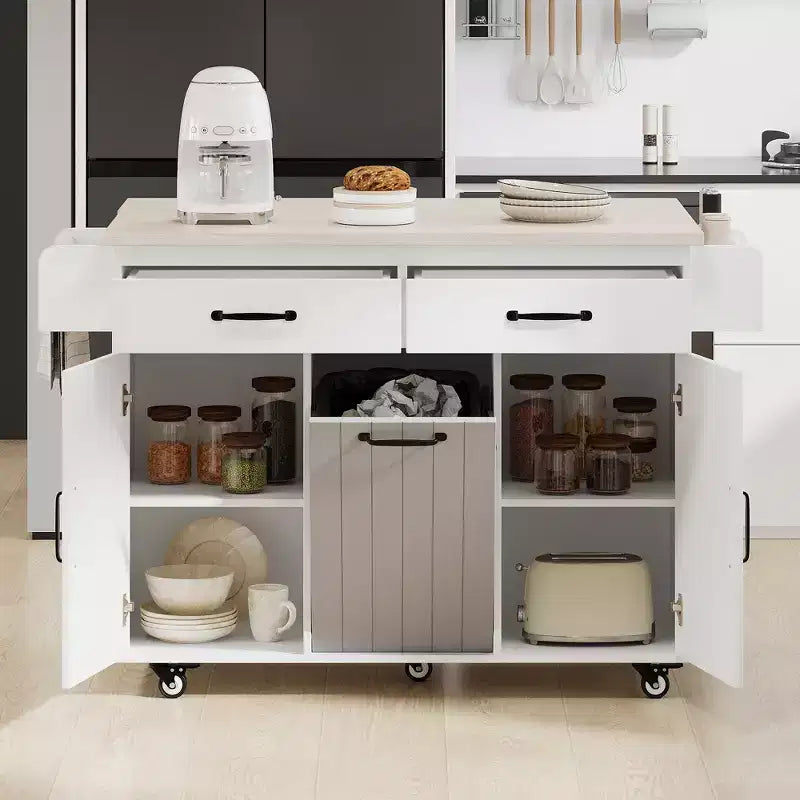 Îlot de cuisine avec meuble de rangement pour poubelle, abattant, étagère à épices, porte-serviettes et tiroir avec étagère réglable, blanc