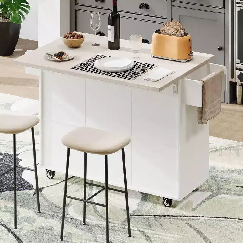 Îlot de cuisine avec meuble de rangement pour poubelle, abattant, étagère à épices, porte-serviettes et tiroir avec étagère réglable, blanc