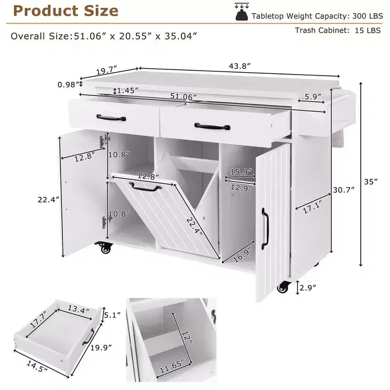 Îlot de cuisine avec meuble de rangement pour poubelle, abattant, étagère à épices, porte-serviettes et tiroir avec étagère réglable, blanc