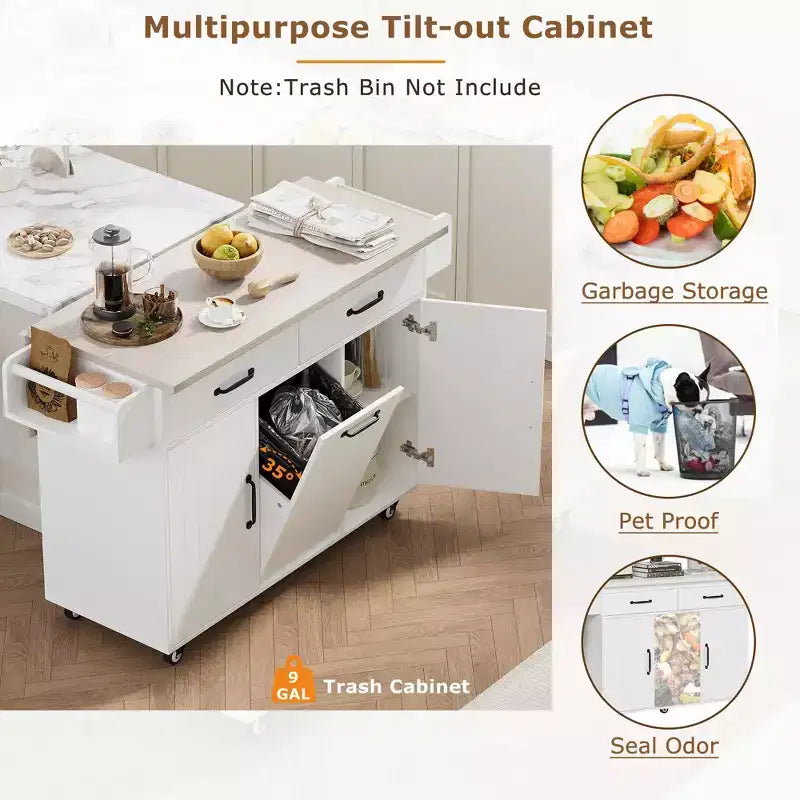 Îlot de cuisine avec meuble de rangement pour poubelle, abattant, étagère à épices, porte-serviettes et tiroir avec étagère réglable, blanc