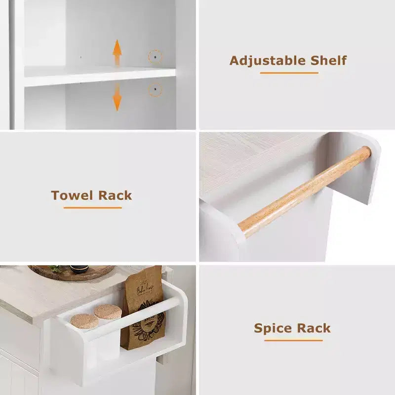 Îlot de cuisine avec meuble de rangement pour poubelle, abattant, étagère à épices, porte-serviettes et tiroir avec étagère réglable, blanc