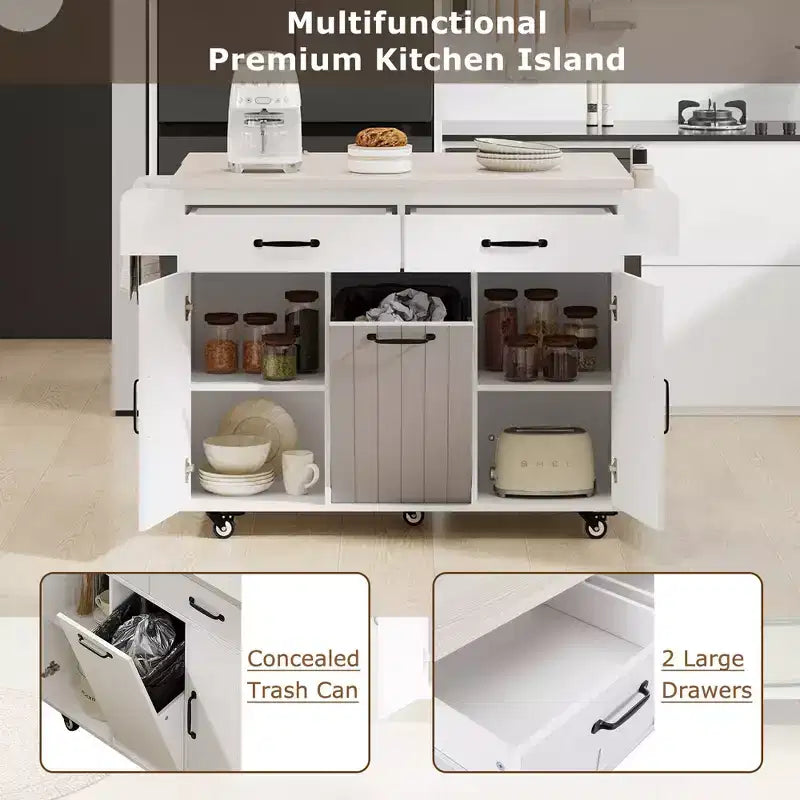 Îlot de cuisine avec meuble de rangement pour poubelle, abattant, étagère à épices, porte-serviettes et tiroir avec étagère réglable, blanc