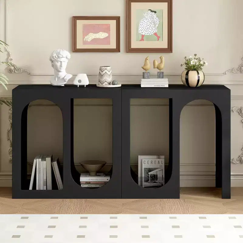 Console modulaire, Buffet long et étroit, Table d'entrée avec extérieur rectangulaire et design incurvé pour salon, Noir