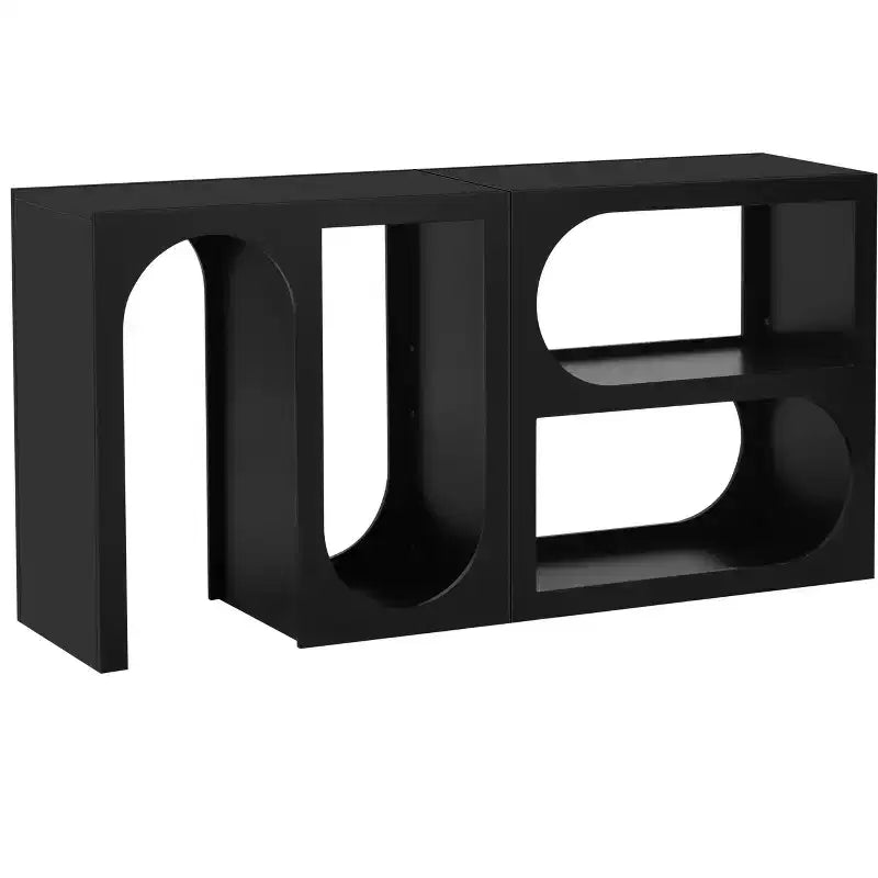 Console modulaire, Buffet long et étroit, Table d'entrée avec extérieur rectangulaire et design incurvé pour salon, Noir