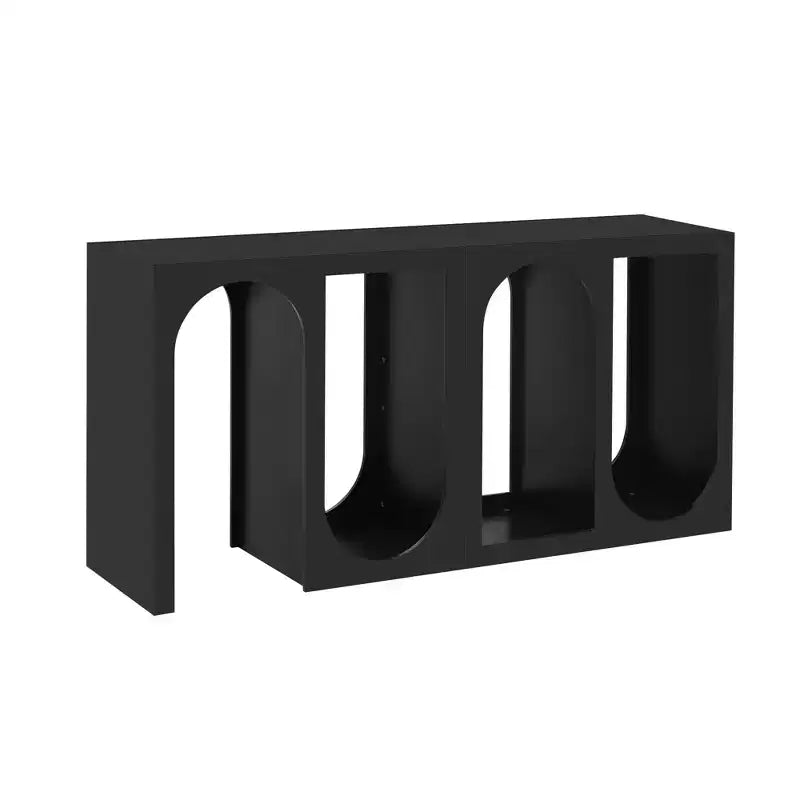 Console modulaire, Buffet long et étroit, Table d'entrée avec extérieur rectangulaire et design incurvé pour salon, Noir