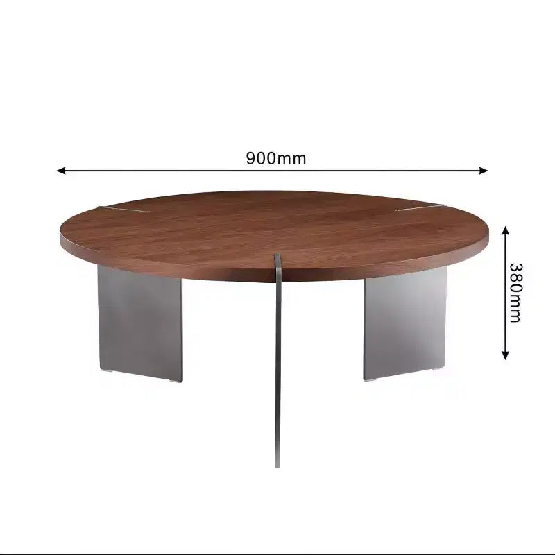 Table basse ronde avec plateau en noyer et piétement en métal noir, pièce maîtresse moderne pour le salon