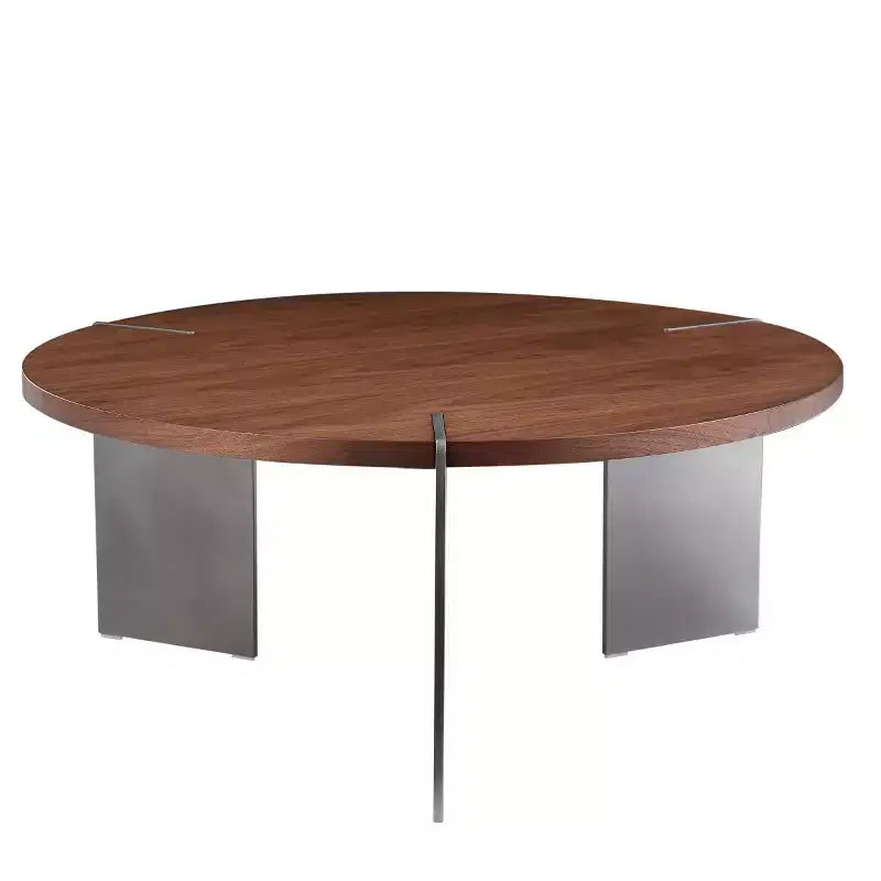 Table basse ronde avec plateau en noyer et piétement en métal noir, pièce maîtresse moderne pour le salon