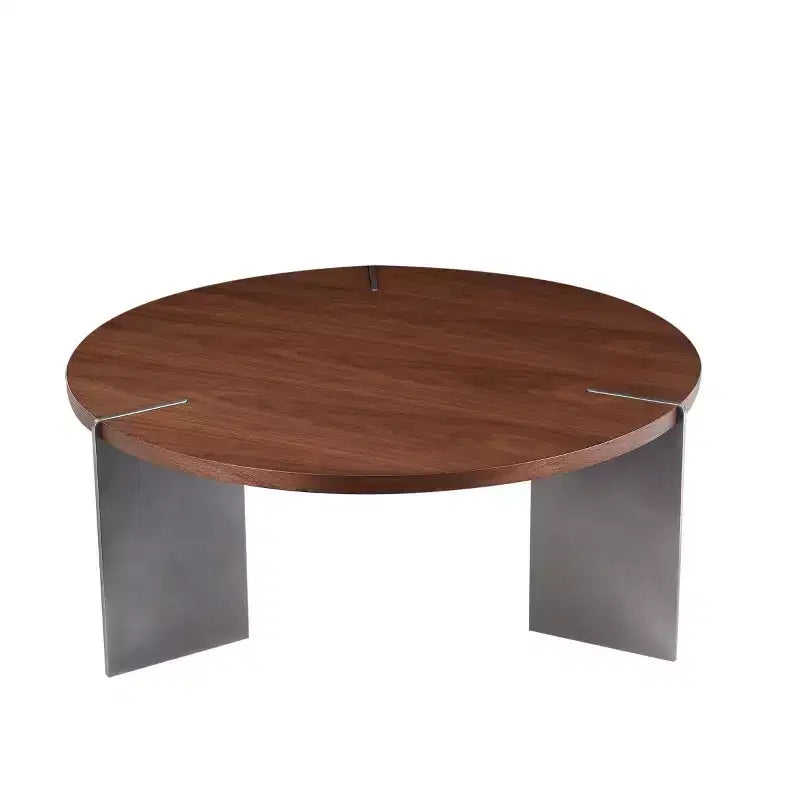 Table basse ronde avec plateau en noyer et piétement en métal noir, pièce maîtresse moderne pour le salon