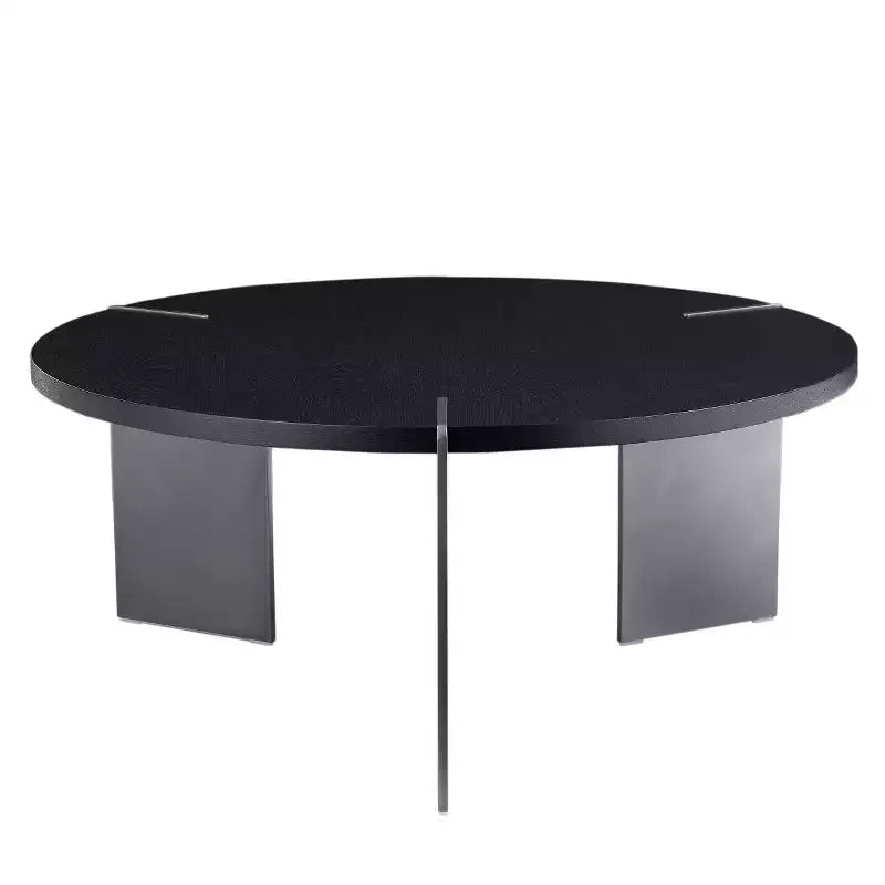 Table basse ronde avec plateau en noyer et piétement en métal noir, pièce maîtresse moderne pour le salon