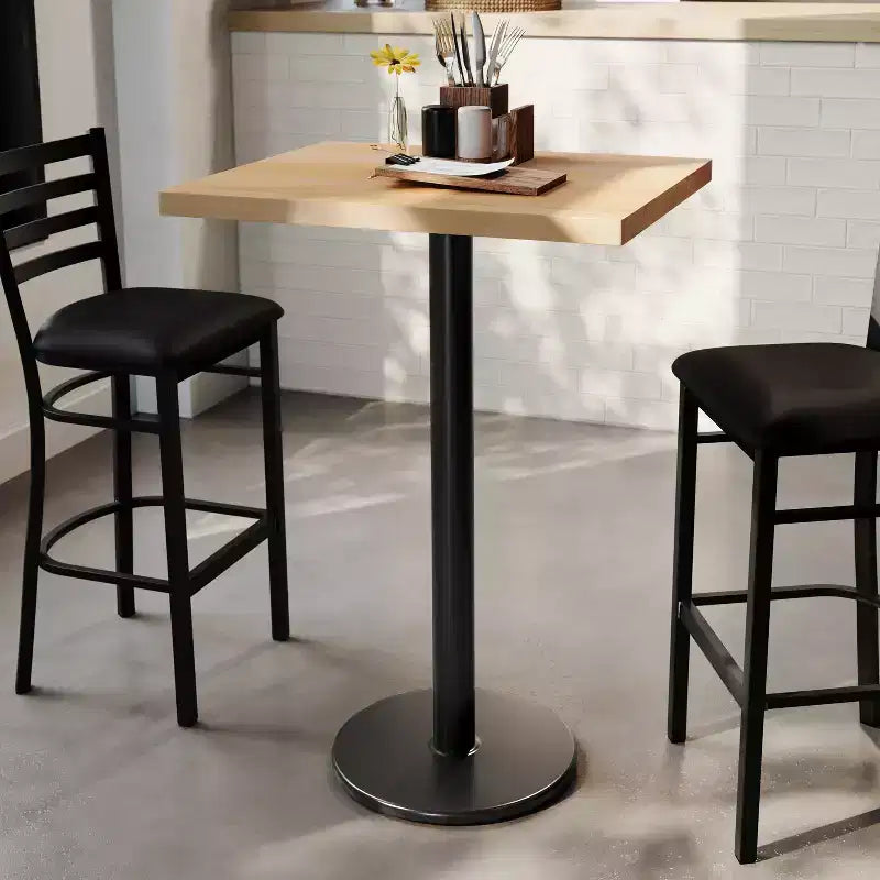 Plateau de table rectangulaire commercial en bois massif avec pied en fonte résistant à la rouille de 45,7 cm de diamètre et hauteur de bar