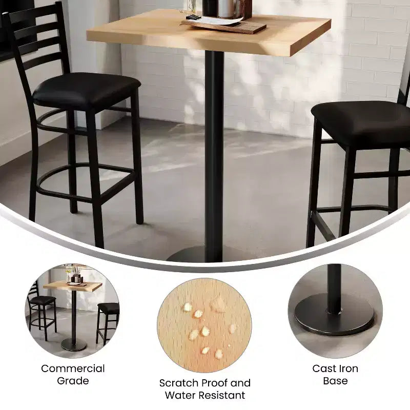 Plateau de table rectangulaire commercial en bois massif avec pied en fonte résistant à la rouille de 45,7 cm de diamètre et hauteur de bar