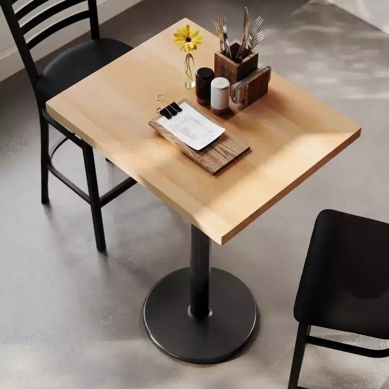 Plateau de table rectangulaire commercial en bois massif avec pied en fonte résistant à la rouille de 45,7 cm de diamètre et hauteur de bar