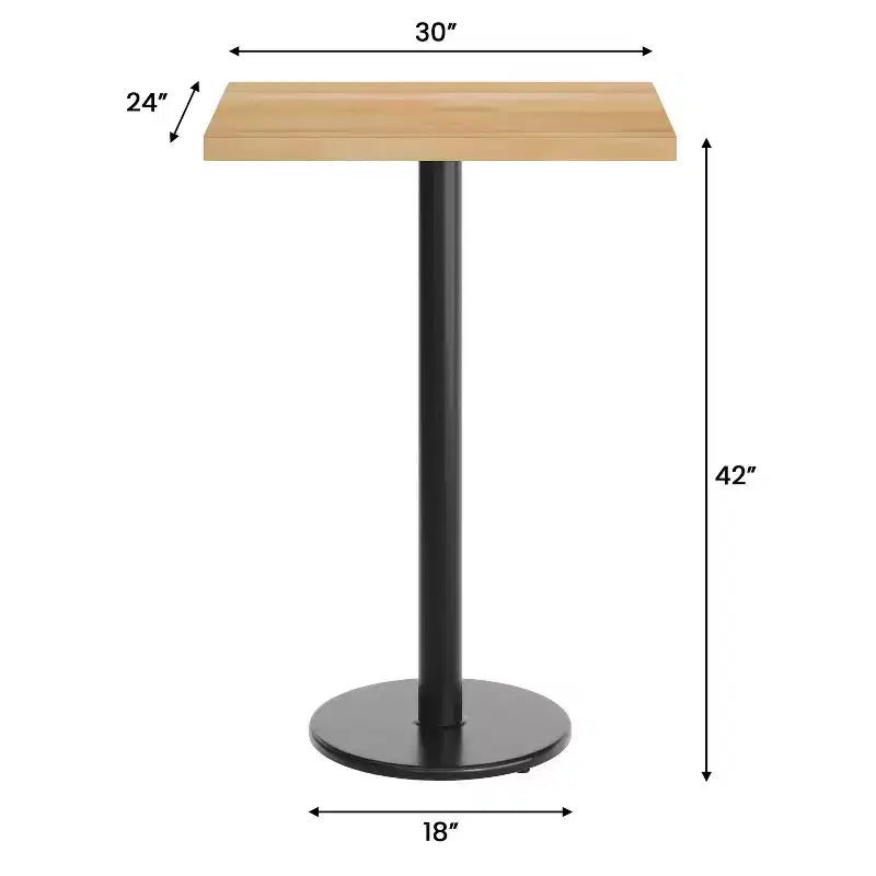 Plateau de table rectangulaire commercial en bois massif avec pied en fonte résistant à la rouille de 45,7 cm de diamètre et hauteur de bar