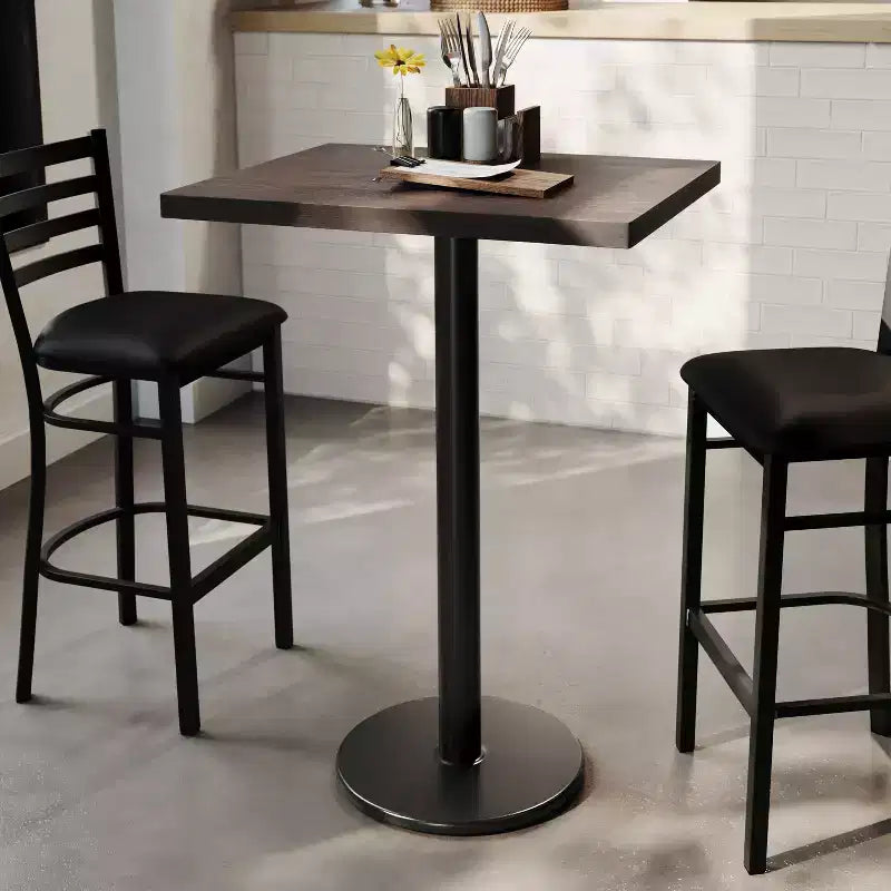 Plateau de table rectangulaire commercial en bois massif avec pied en fonte résistant à la rouille de 45,7 cm de diamètre et hauteur de bar