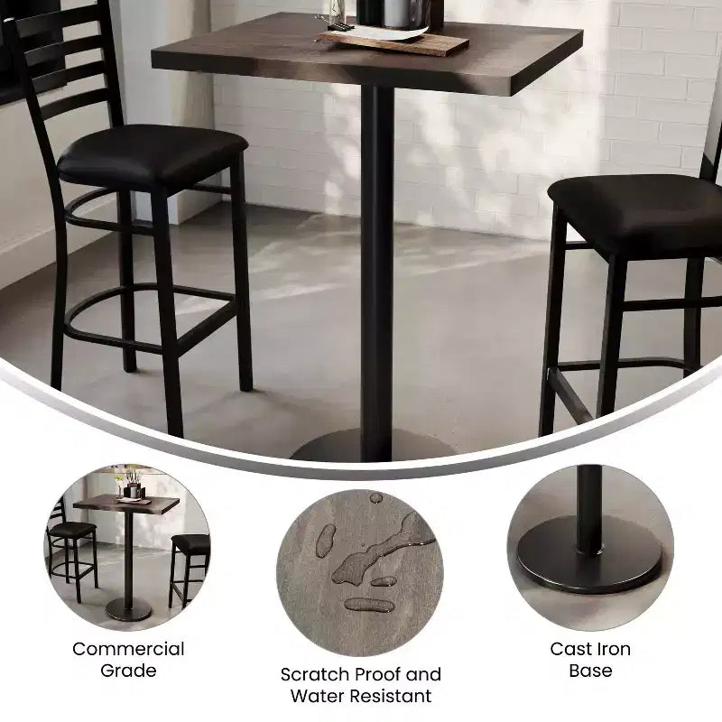 Plateau de table rectangulaire commercial en bois massif avec pied en fonte résistant à la rouille de 45,7 cm de diamètre et hauteur de bar