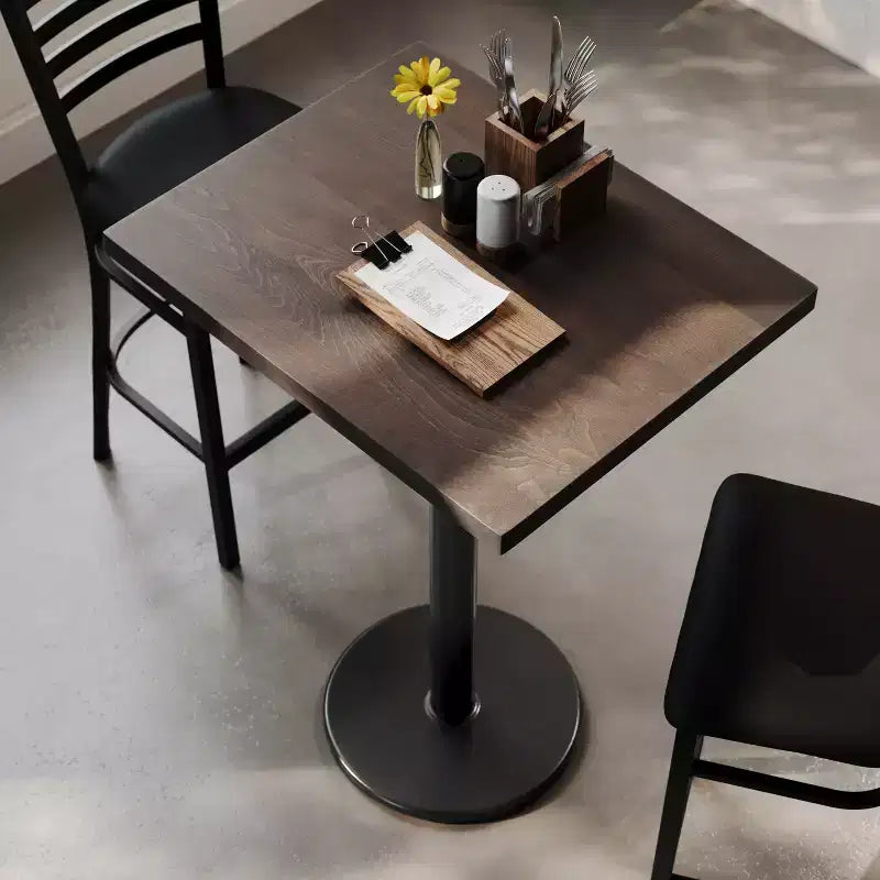 Plateau de table rectangulaire commercial en bois massif avec pied en fonte résistant à la rouille de 45,7 cm de diamètre et hauteur de bar