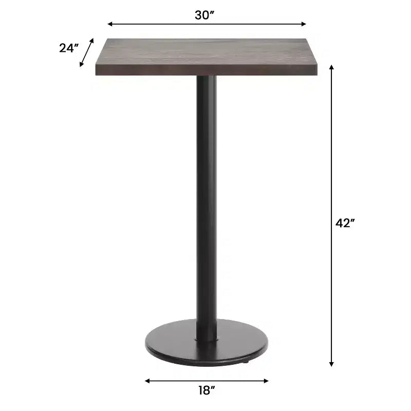 Plateau de table rectangulaire commercial en bois massif avec pied en fonte résistant à la rouille de 45,7 cm de diamètre et hauteur de bar
