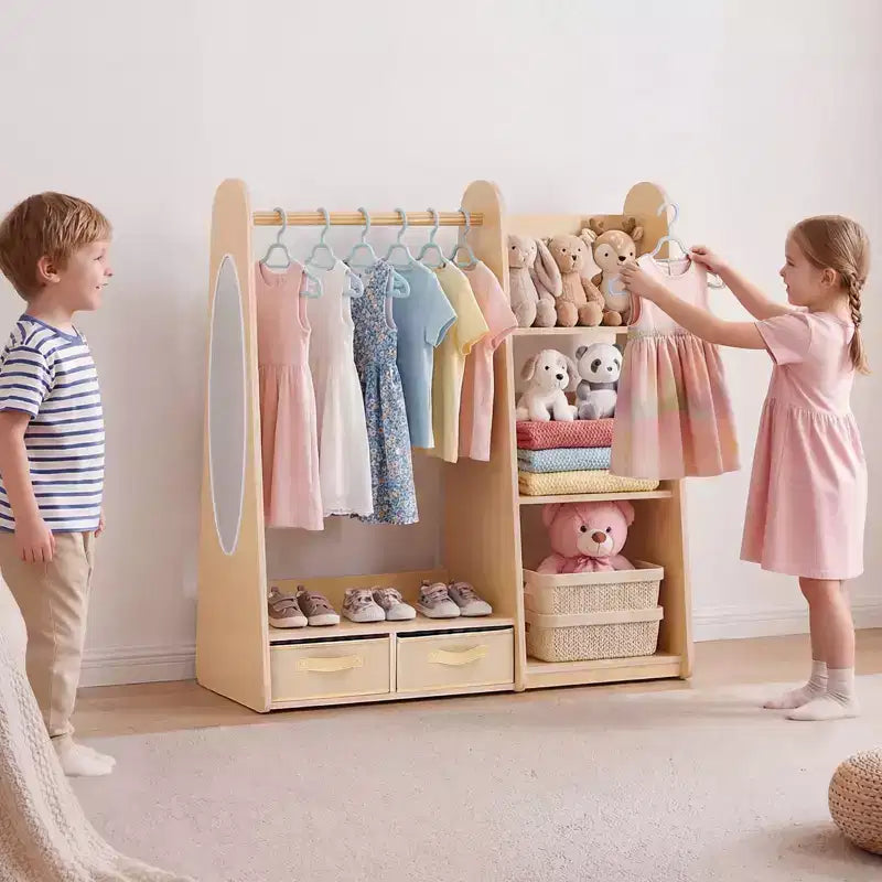 Meuble de Rangement pour Déguisements Enfant avec Miroir, Armoire Penderie pour Petites Filles, avec Étagères et Bac Inférieur, Bois Naturel