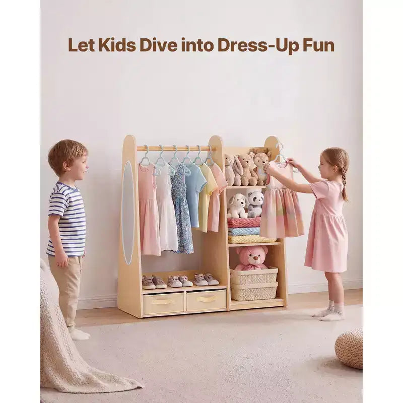 Meuble de Rangement pour Déguisements Enfant avec Miroir, Armoire Penderie pour Petites Filles, avec Étagères et Bac Inférieur, Bois Naturel