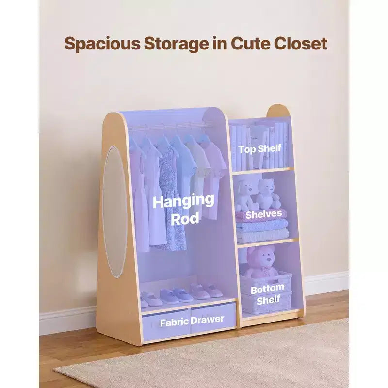 Meuble de Rangement pour Déguisements Enfant avec Miroir, Armoire Penderie pour Petites Filles, avec Étagères et Bac Inférieur, Bois Naturel