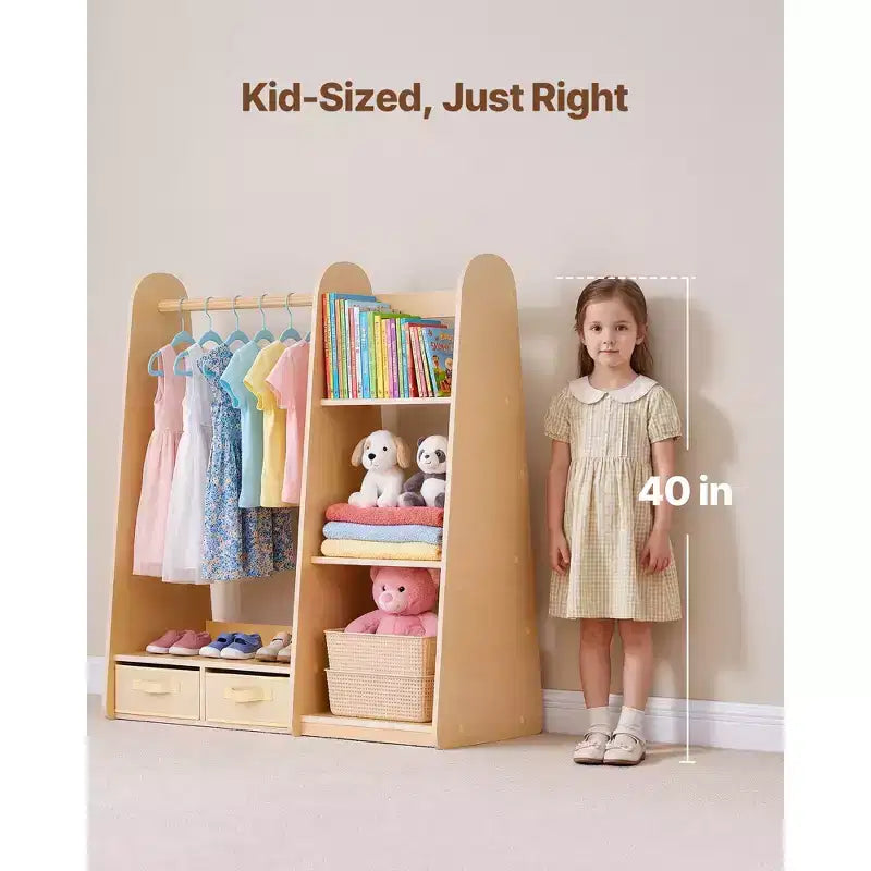Meuble de Rangement pour Déguisements Enfant avec Miroir, Armoire Penderie pour Petites Filles, avec Étagères et Bac Inférieur, Bois Naturel