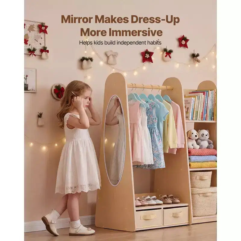 Meuble de Rangement pour Déguisements Enfant avec Miroir, Armoire Penderie pour Petites Filles, avec Étagères et Bac Inférieur, Bois Naturel