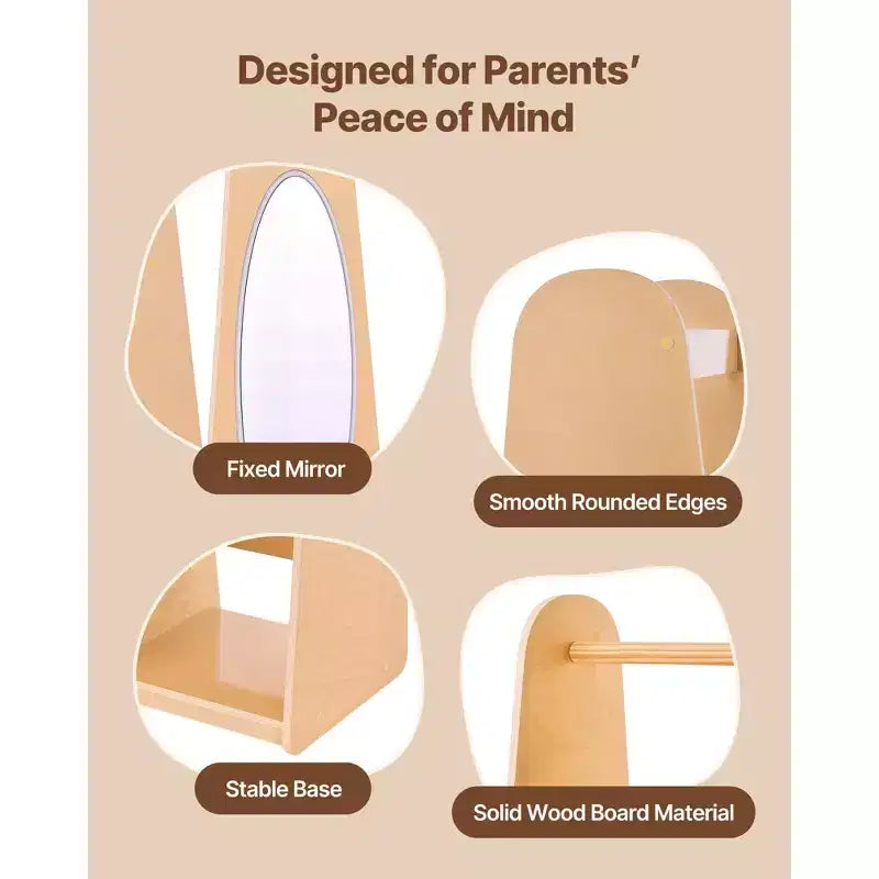 Meuble de Rangement pour Déguisements Enfant avec Miroir, Armoire Penderie pour Petites Filles, avec Étagères et Bac Inférieur, Bois Naturel