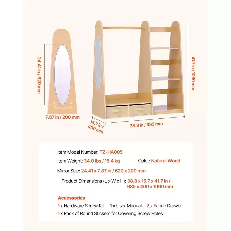 Meuble de Rangement pour Déguisements Enfant avec Miroir, Armoire Penderie pour Petites Filles, avec Étagères et Bac Inférieur, Bois Naturel
