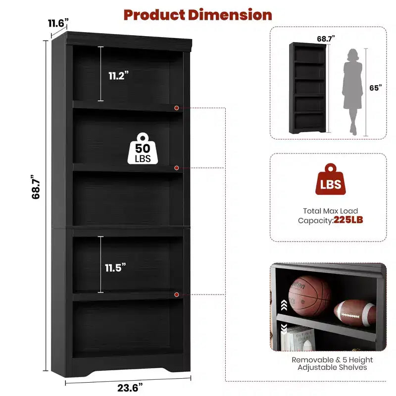 Étagère à 2/3/5/6 niveaux, bibliothèque de style rustique, 60 cm/80 cm de large avec étagères réglables, rayonnage ouvert avec design antidérapant pour bureau à domicile