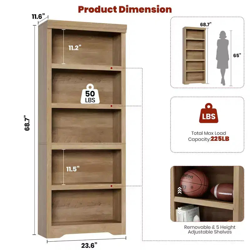 Étagère à 2/3/5/6 niveaux, bibliothèque de style rustique, 60 cm/80 cm de large avec étagères réglables, rayonnage ouvert avec design antidérapant pour bureau à domicile