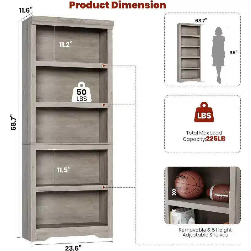 Étagère à 2/3/5/6 niveaux, bibliothèque de style rustique, 60 cm/80 cm de large avec étagères réglables, rayonnage ouvert avec design antidérapant pour bureau à domicile