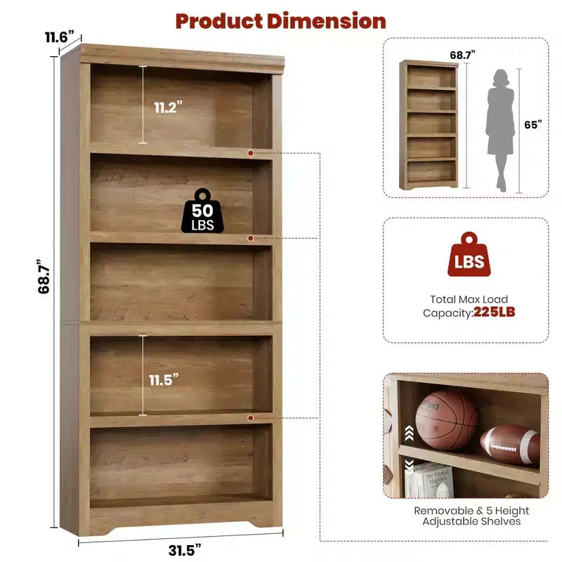 Étagère à 2/3/5/6 niveaux, bibliothèque de style rustique, 60 cm/80 cm de large avec étagères réglables, rayonnage ouvert avec design antidérapant pour bureau à domicile
