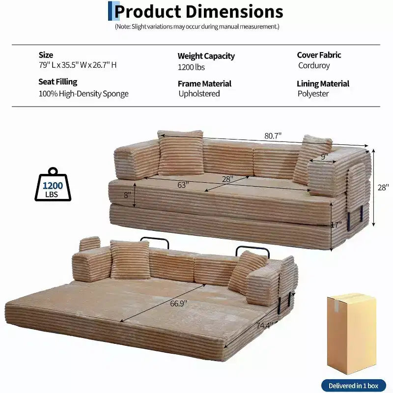 Canapé-lit convertible 5-en-1 de 80,7 po, canapé pliant en velours côtelé avec rangement, 4 cadres et 2 oreillers, pas d'assemblage, gain de place pour la maison et le dortoir, beige
