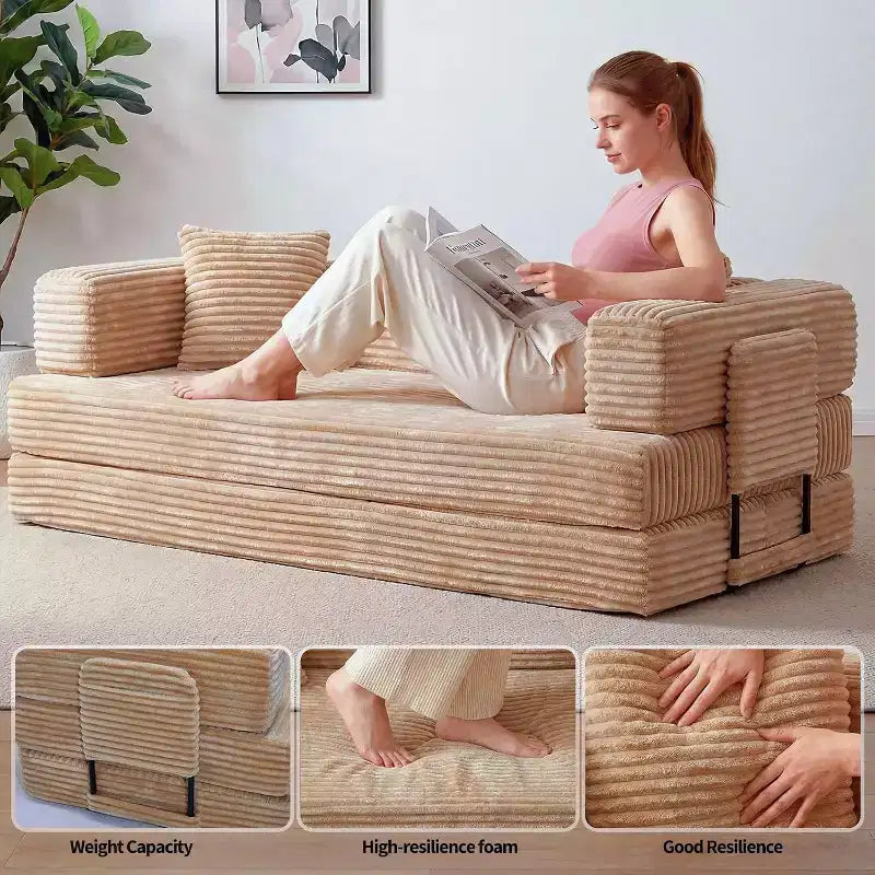 Canapé-lit convertible 5-en-1 de 80,7 po, canapé pliant en velours côtelé avec rangement, 4 cadres et 2 oreillers, pas d'assemblage, gain de place pour la maison et le dortoir, beige