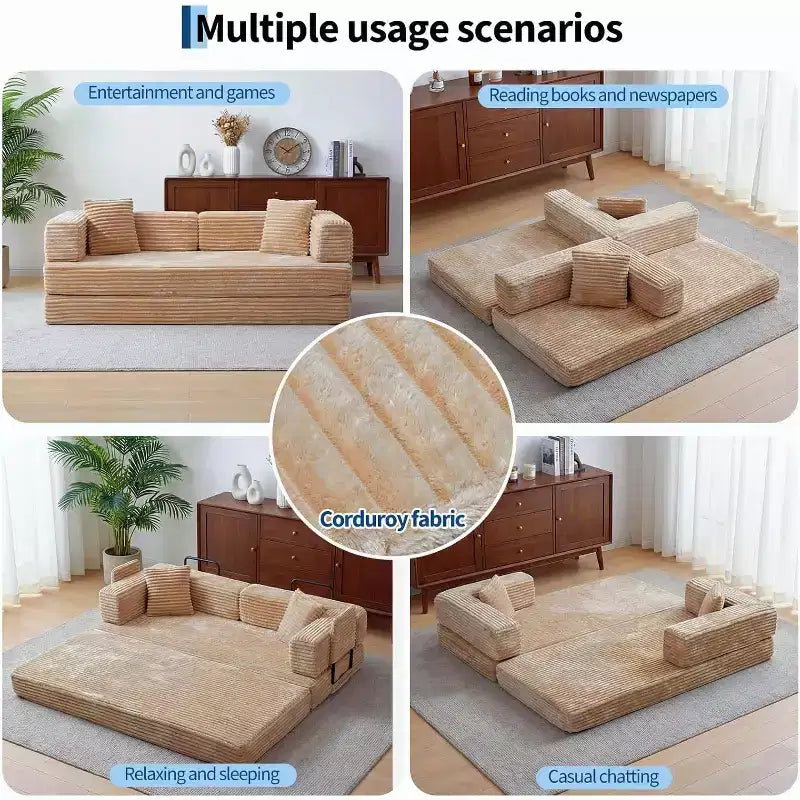 Canapé-lit convertible 5-en-1 de 80,7 po, canapé pliant en velours côtelé avec rangement, 4 cadres et 2 oreillers, pas d'assemblage, gain de place pour la maison et le dortoir, beige