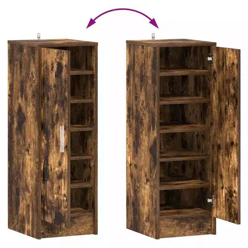 Meuble à chaussures, bois d'ingénierie chêne fumé, 6 compartiments, 1 porte, autoportant pour couloir/entrée