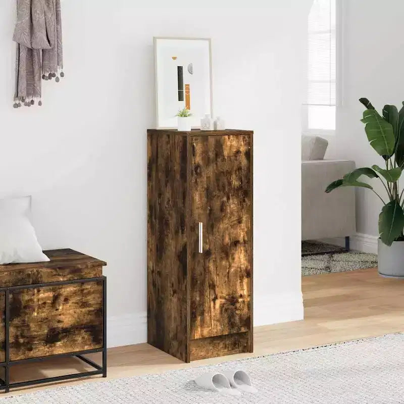 Meuble à chaussures, bois d'ingénierie chêne fumé, 6 compartiments, 1 porte, autoportant pour couloir/entrée