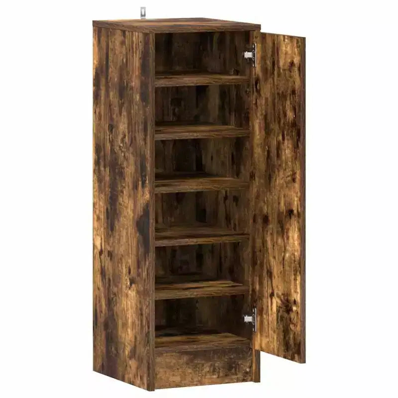 Meuble à chaussures, bois d'ingénierie chêne fumé, 6 compartiments, 1 porte, autoportant pour couloir/entrée