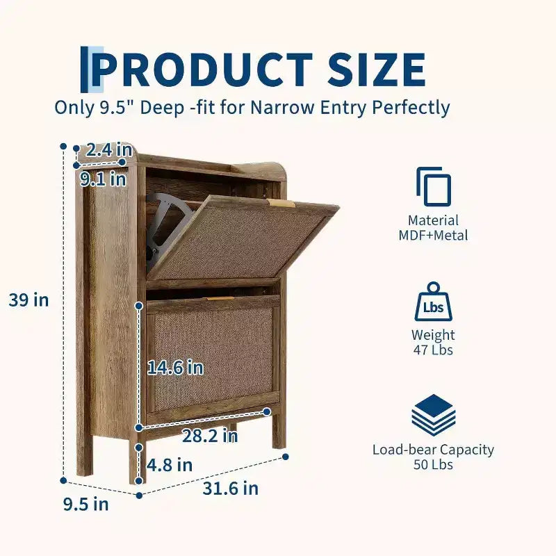 Meuble à chaussures étroit en rotin de 81 cm avec 2 tiroirs basculants, style ferme moderne, marron