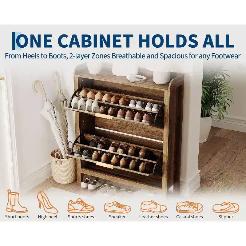 Meuble à chaussures étroit en rotin de 81 cm avec 2 tiroirs basculants, style ferme moderne, marron