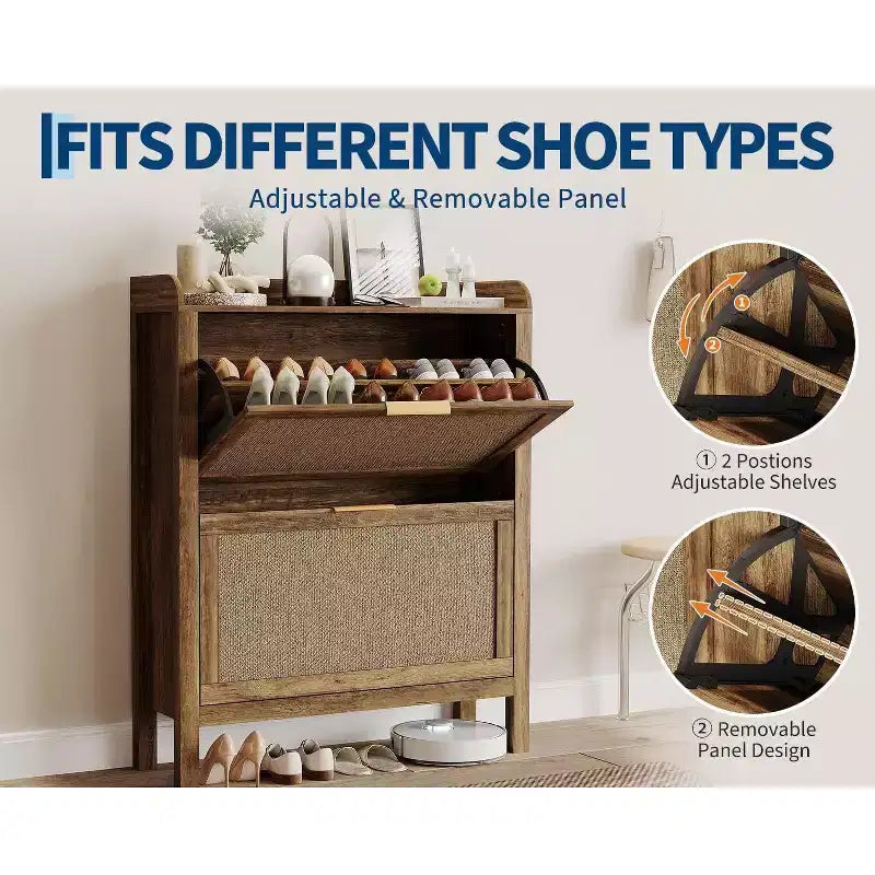 Meuble à chaussures étroit en rotin de 81 cm avec 2 tiroirs basculants, style ferme moderne, marron