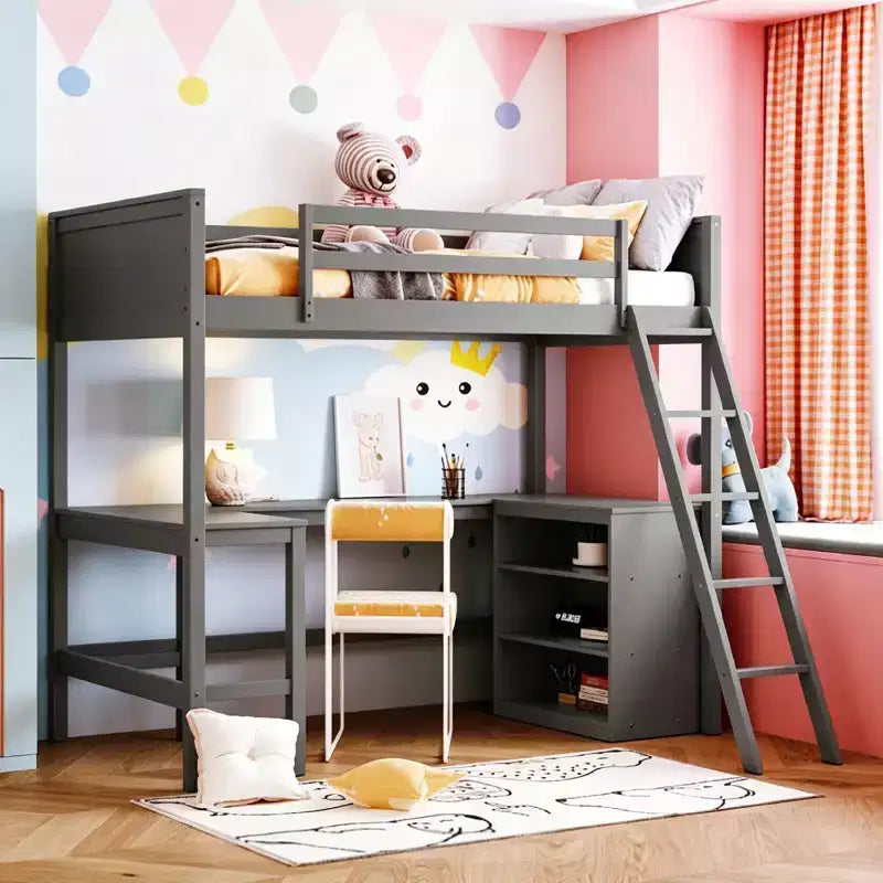 Lit mezzanine double moderne avec bureau intégré et étagères de rangement