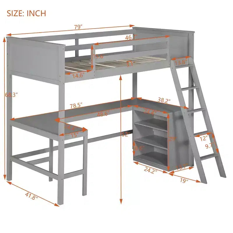 Lit mezzanine double moderne avec bureau intégré et étagères de rangement