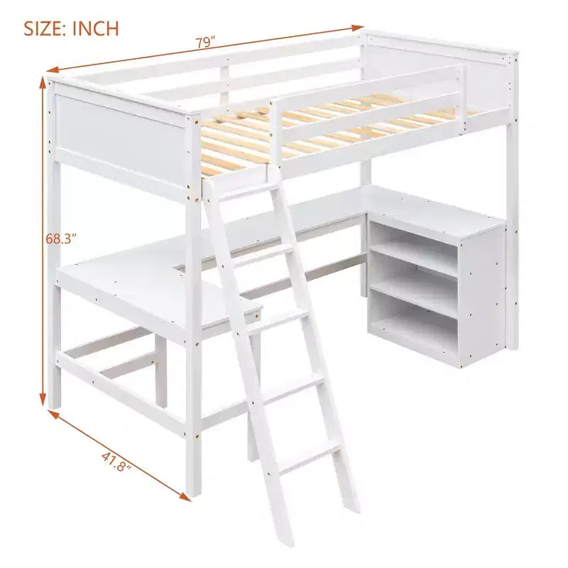 Lit mezzanine double moderne avec bureau intégré et étagères de rangement