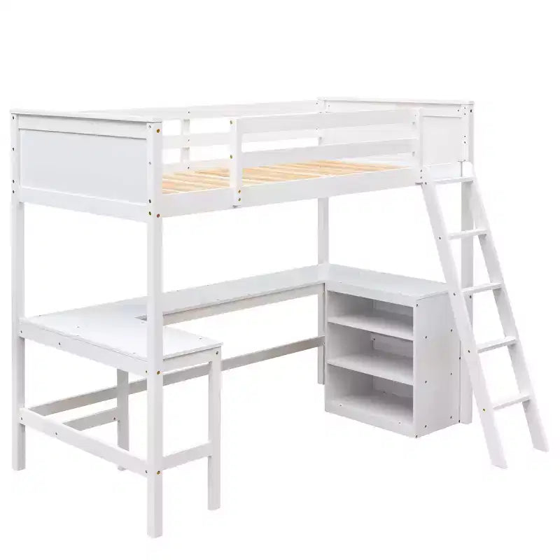 Lit mezzanine double moderne avec bureau intégré et étagères de rangement