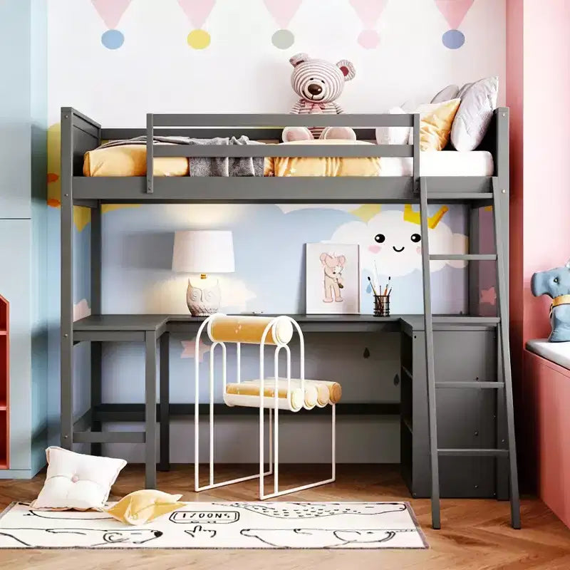 Lit mezzanine double moderne avec bureau intégré et étagères de rangement